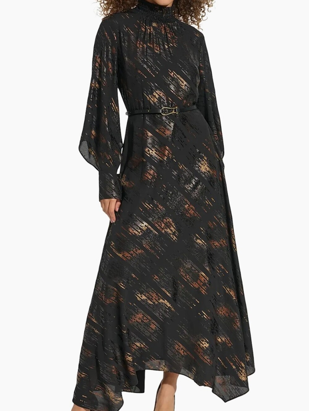 Donna Karan New York Size 10 Black & Gold  Long Sleeve Smocked Neck Dress $425